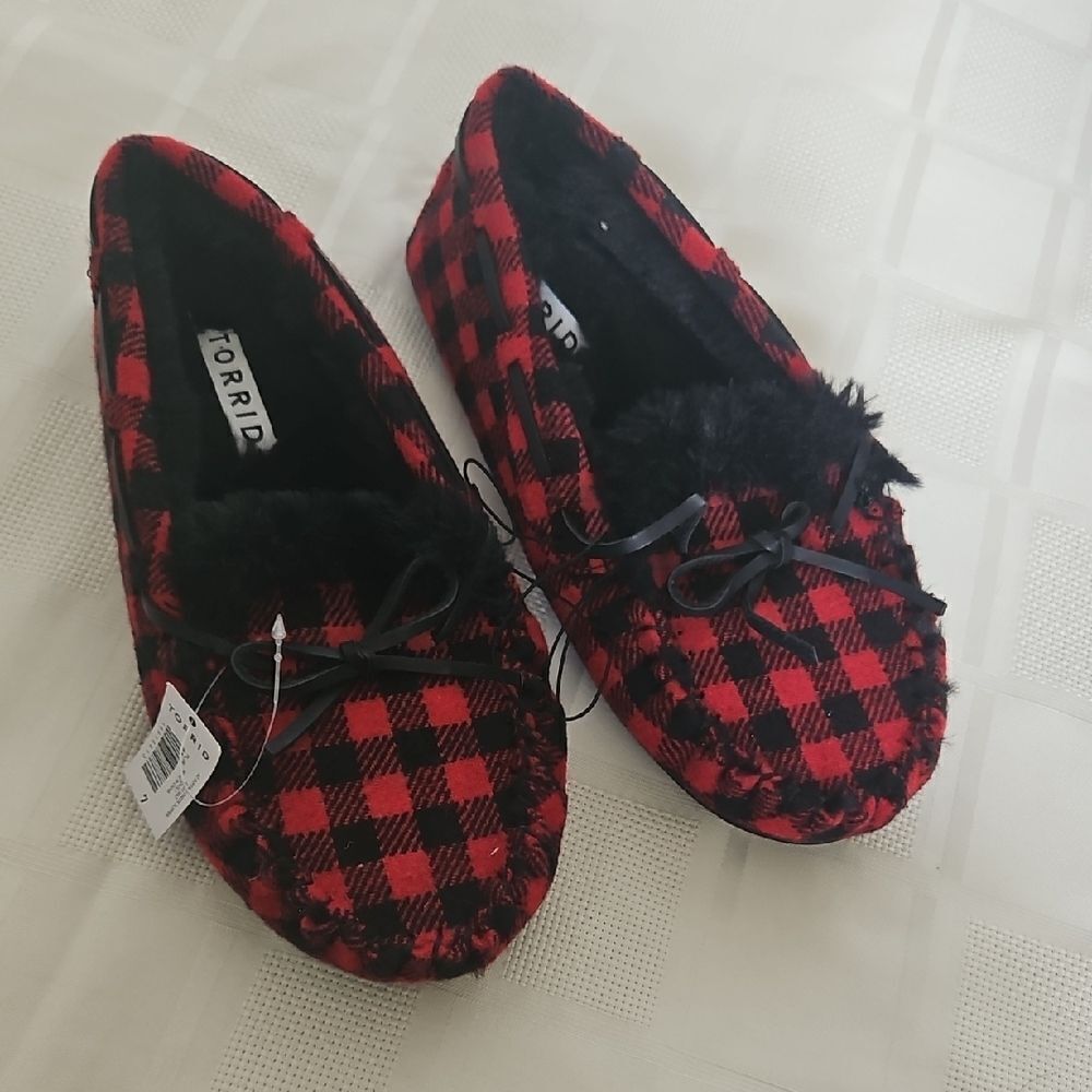 Torrid Red and Black Checkered Moccasin Slippers